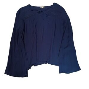 Eyeshadow Navy Blue Bell Sleeve Lace Trim Tie Neck Gauze Blouse Top Size L
